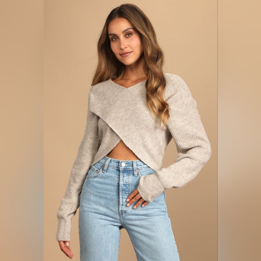LULUS Don't Be Cross Beige Knit Cross-Front Sweater Size Small